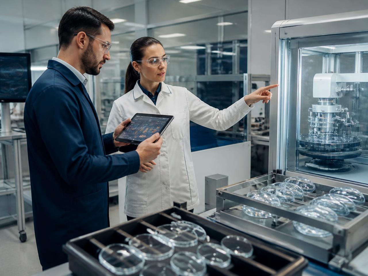 Especialista e técnica analisando o processo em um laboratório de fabricação de lentes