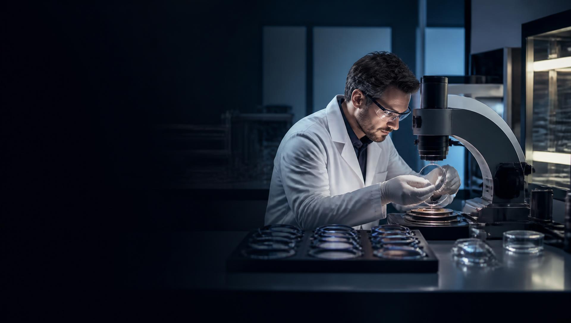 Especialista inspecionando uma lente em laboratório de fabricação óptica